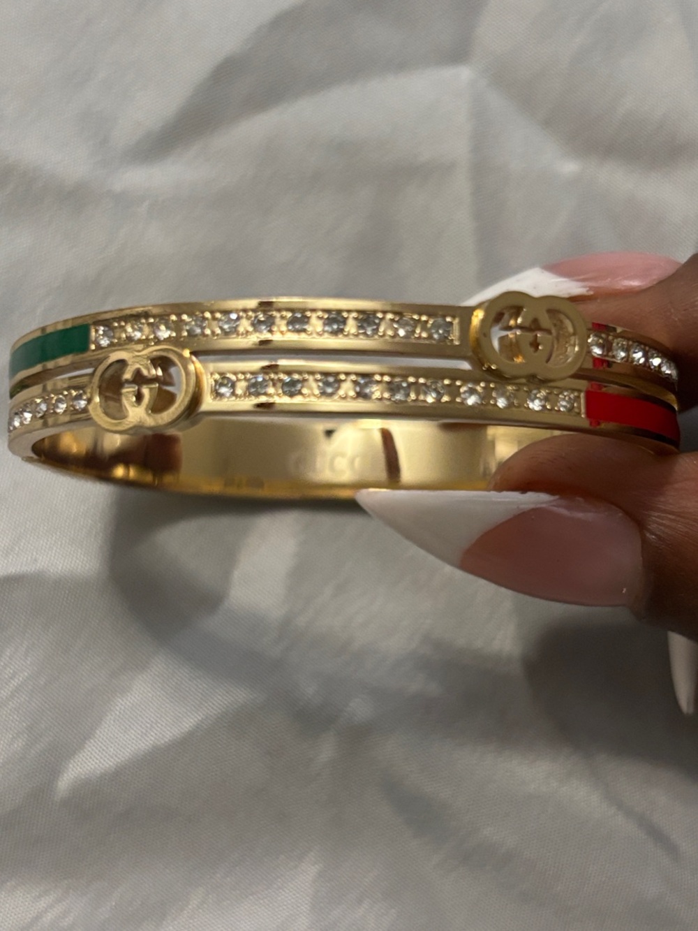 Gold Crystal-Accented Bracelet with Red & Green Enamel Accents